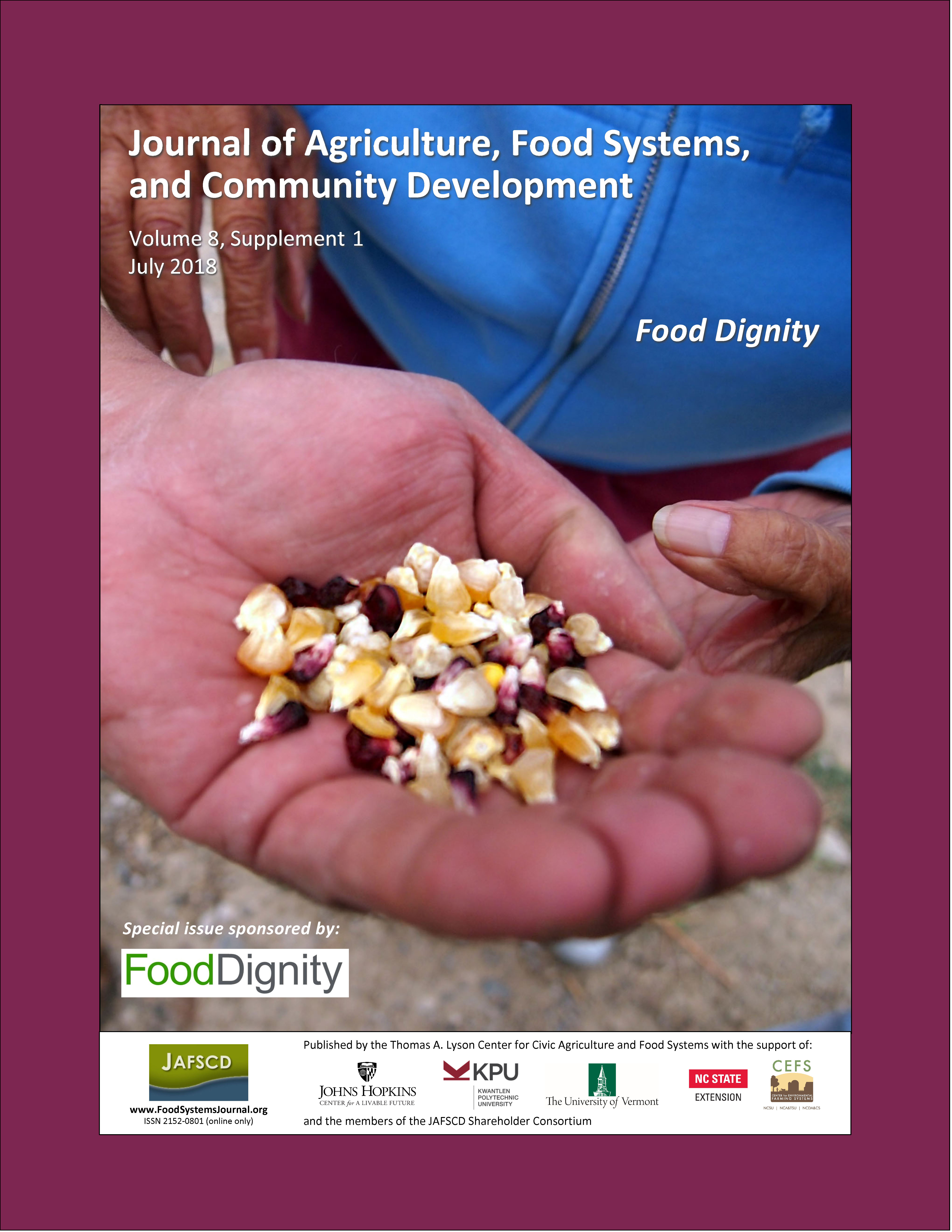 Cover of special issue on Food Dignity, with people holding heritage corn kernels