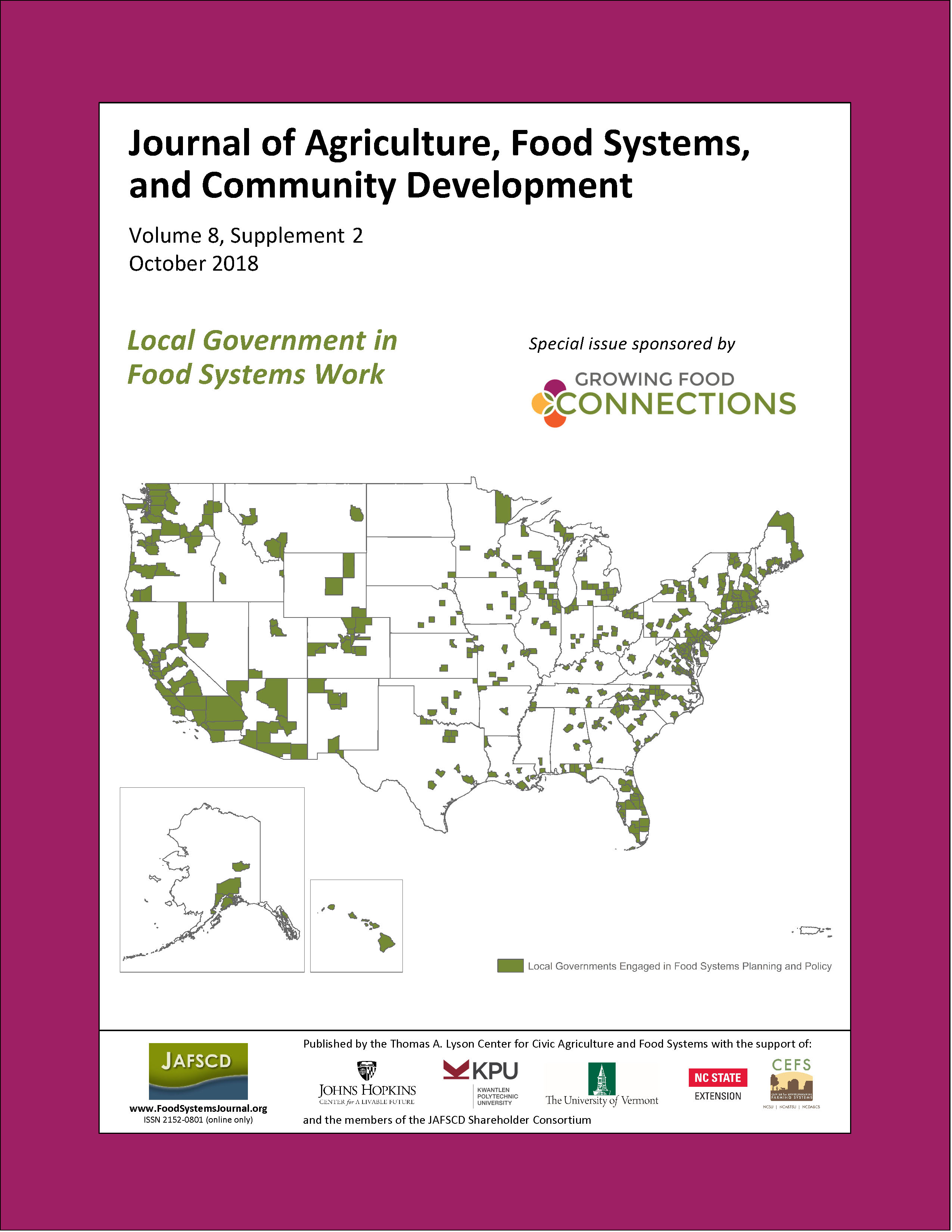 JAFSCD cover displays a U.S. map of local governments engaged in food systems planning and policy