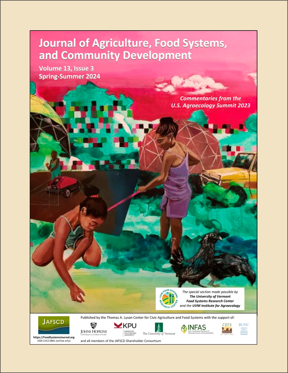 Cover of JAFSCD spring-summer 2024 issue, with artwork of two Black young women working on an agroecological farm